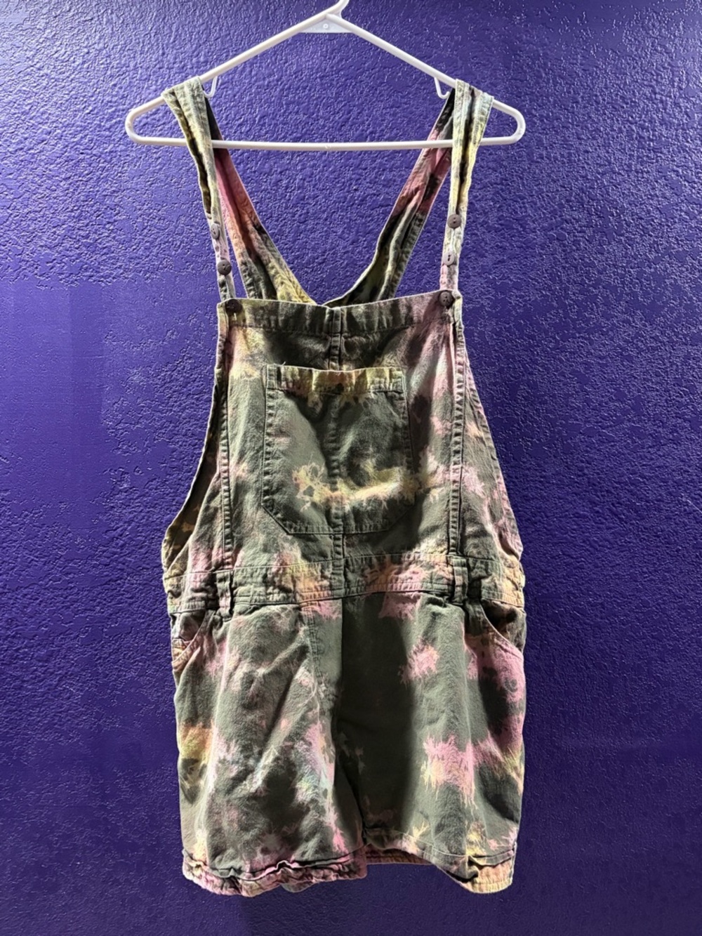 Tie-Dye Utility Short Overalls - Olive Green with Pink Accents